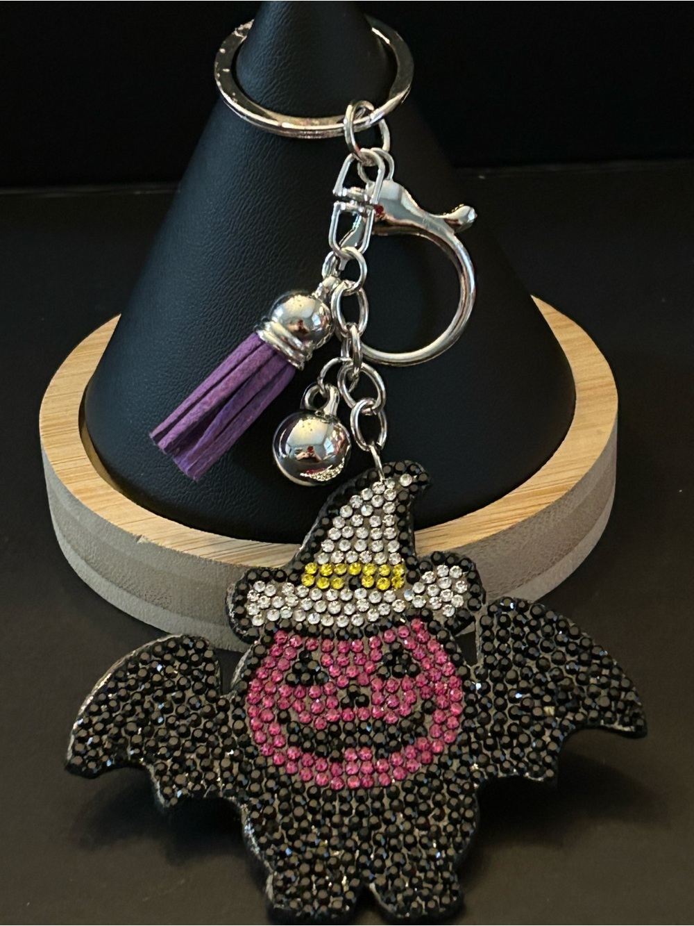 Mint Purple Tassel Bat ๐ฆ & Pumpkin ๐ Crystal Bag Charm Keychain